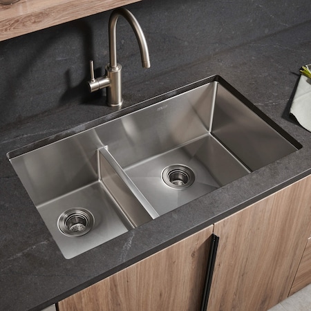 Ruvati 33 in. Low-Divide Undermount 40/60 Double Bowl 16 Gauge Rounded Corners SS Kitchen Sink RVH7418